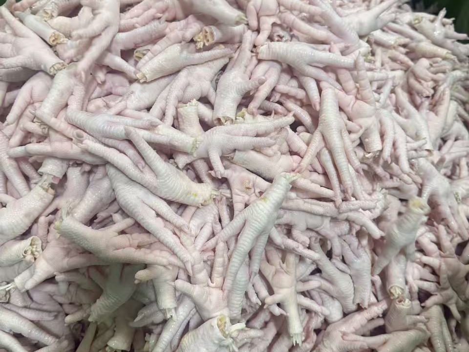 Frozen Grade A chicken paws in a carton liner